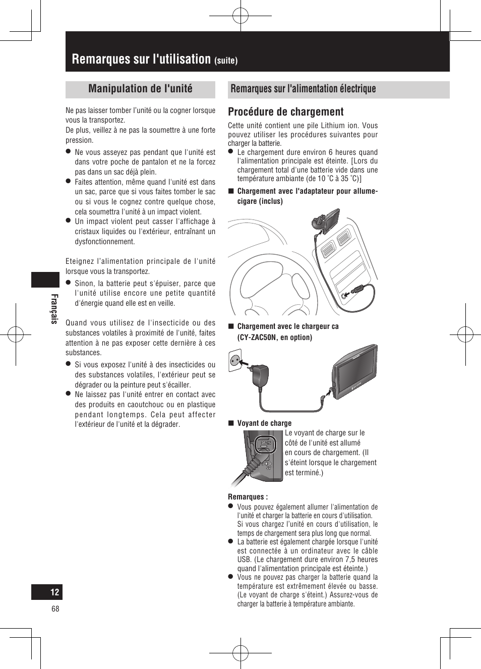 Remarques sur l'utilisation, Procédure de chargement | Panasonic CNGP50N User Manual | Page 68 / 336