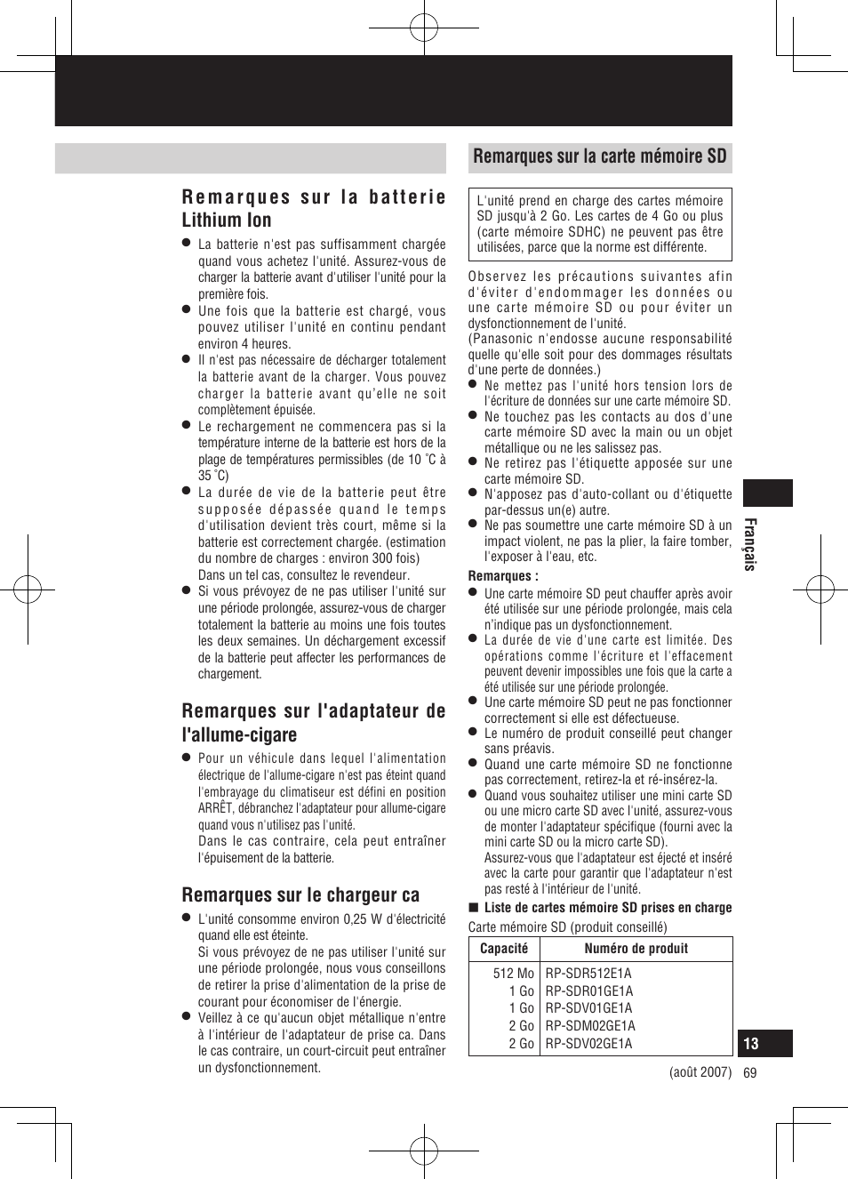 Remarques sur l'utilisation, Remarques sur la batterie lithium ion, Remarques sur l'adaptateur de l'allume-cigare | Remarques sur le chargeur ca | Panasonic CNGP50N User Manual | Page 69 / 336