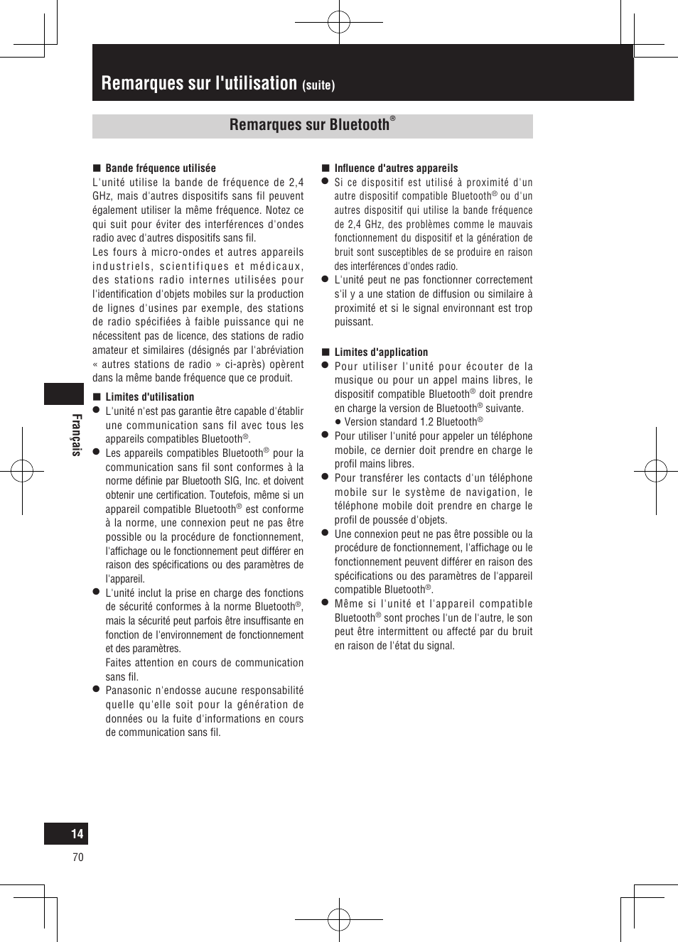 Remarques sur l'utilisation, Remarques sur bluetooth | Panasonic CNGP50N User Manual | Page 70 / 336