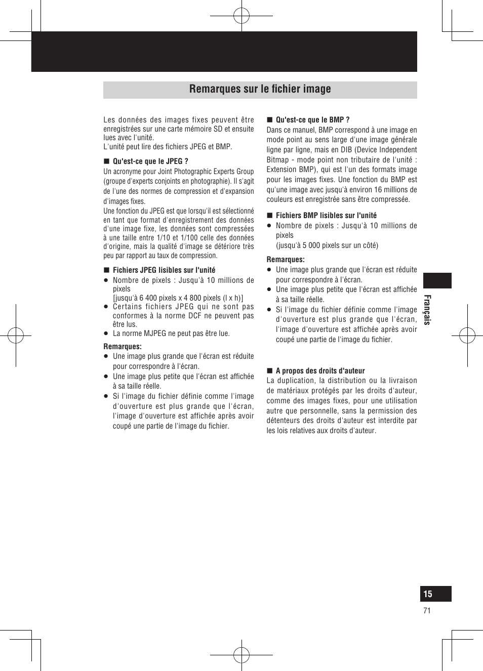 Remarques sur l'utilisation, Remarques sur le fichier image | Panasonic CNGP50N User Manual | Page 71 / 336