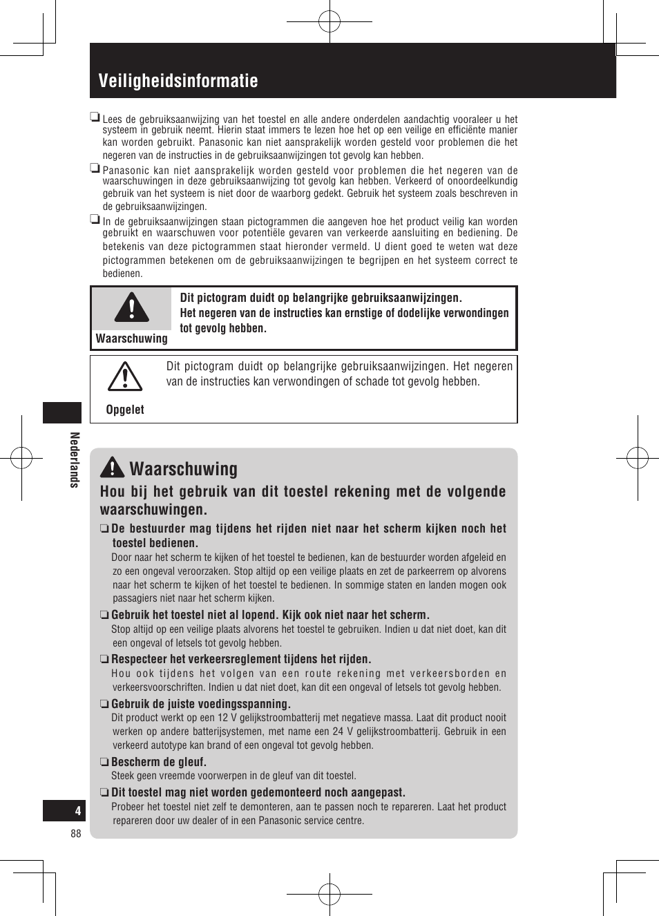 Veiligheidsinformatie waarschuwing | Panasonic CNGP50N User Manual | Page 88 / 336