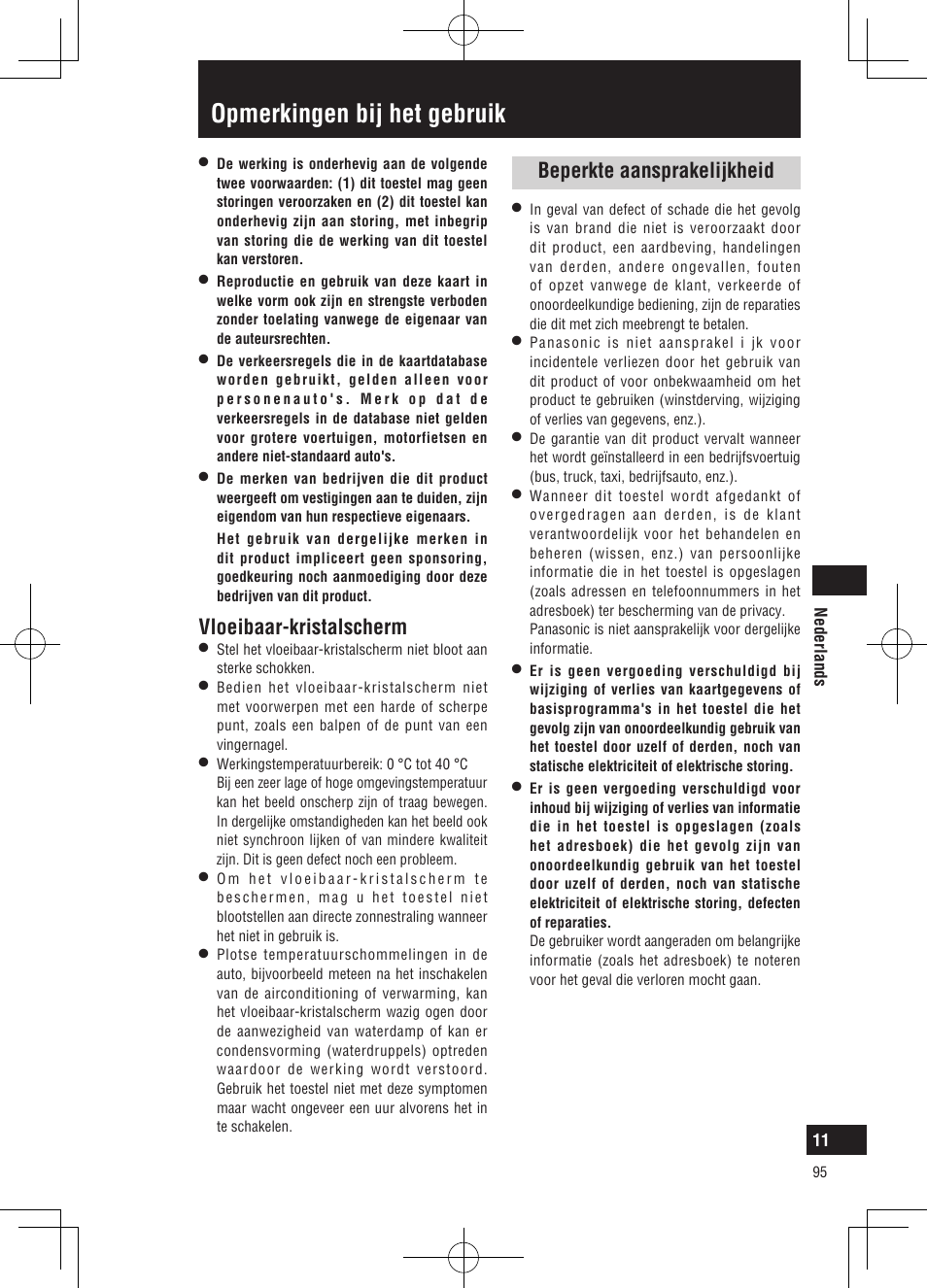 Opmerkingen bij het gebruik, Vloeibaar-kristalscherm, Beperkte aansprakelijkheid | Panasonic CNGP50N User Manual | Page 95 / 336