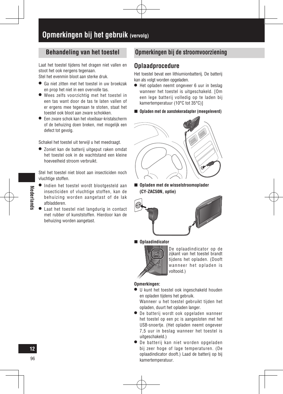 Opmerkingen bij het gebruik, Oplaadprocedure | Panasonic CNGP50N User Manual | Page 96 / 336