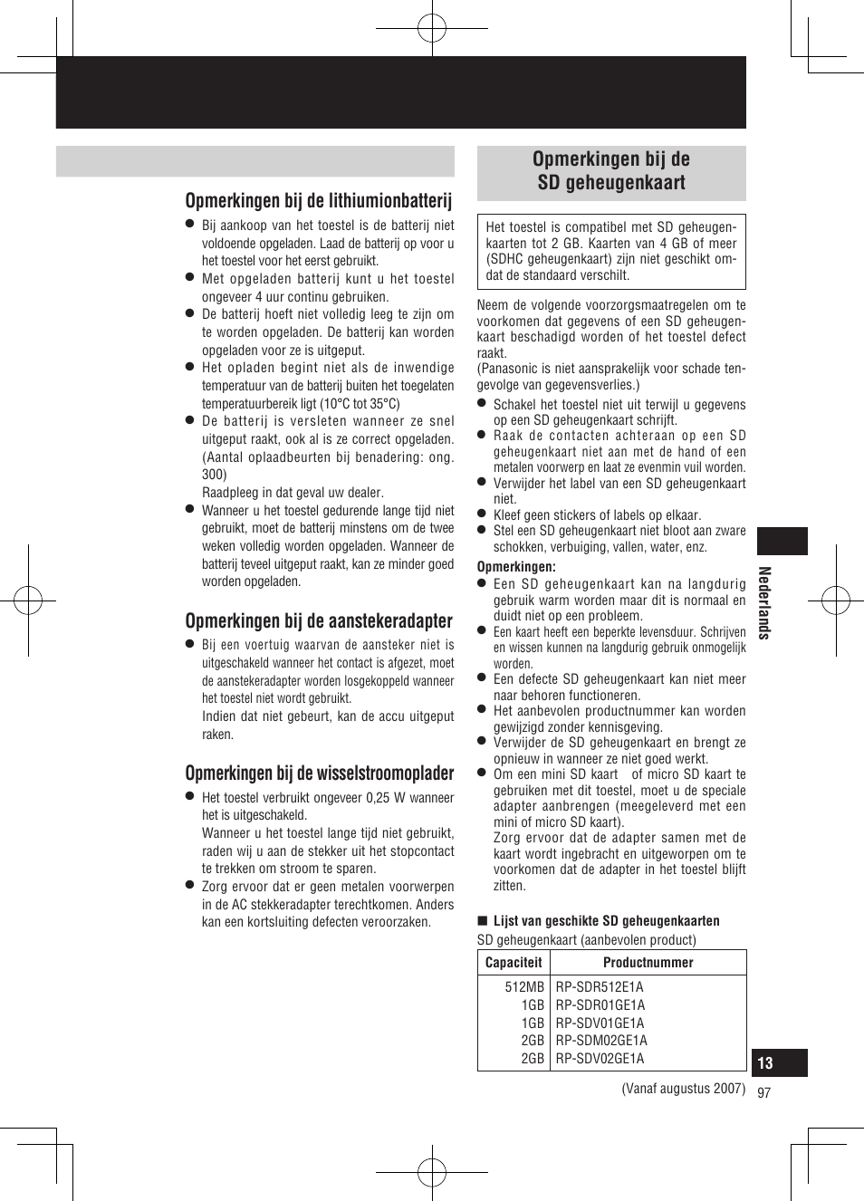 Opmerkingen bij het gebruik, Opmerkingen bij de lithiumionbatterij, Opmerkingen bij de aanstekeradapter | Opmerkingen bij de wisselstroomoplader | Panasonic CNGP50N User Manual | Page 97 / 336