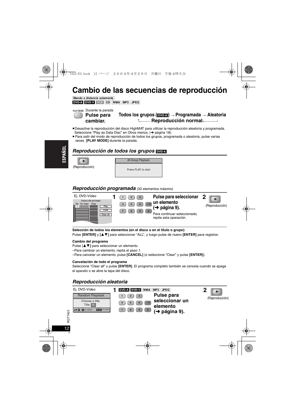 Cambio de las secuencias de reproducción, Reproducción de todos los grupos, Reproducción programada | Reproducción aleatoria, Todos los grupos, Programada, Aleatoria, Reproducción normal, Pulse para cambiar, Pulse para seleccionar un elemento ( ➜ página 9) | Panasonic DVDLS50 User Manual | Page 12 / 80