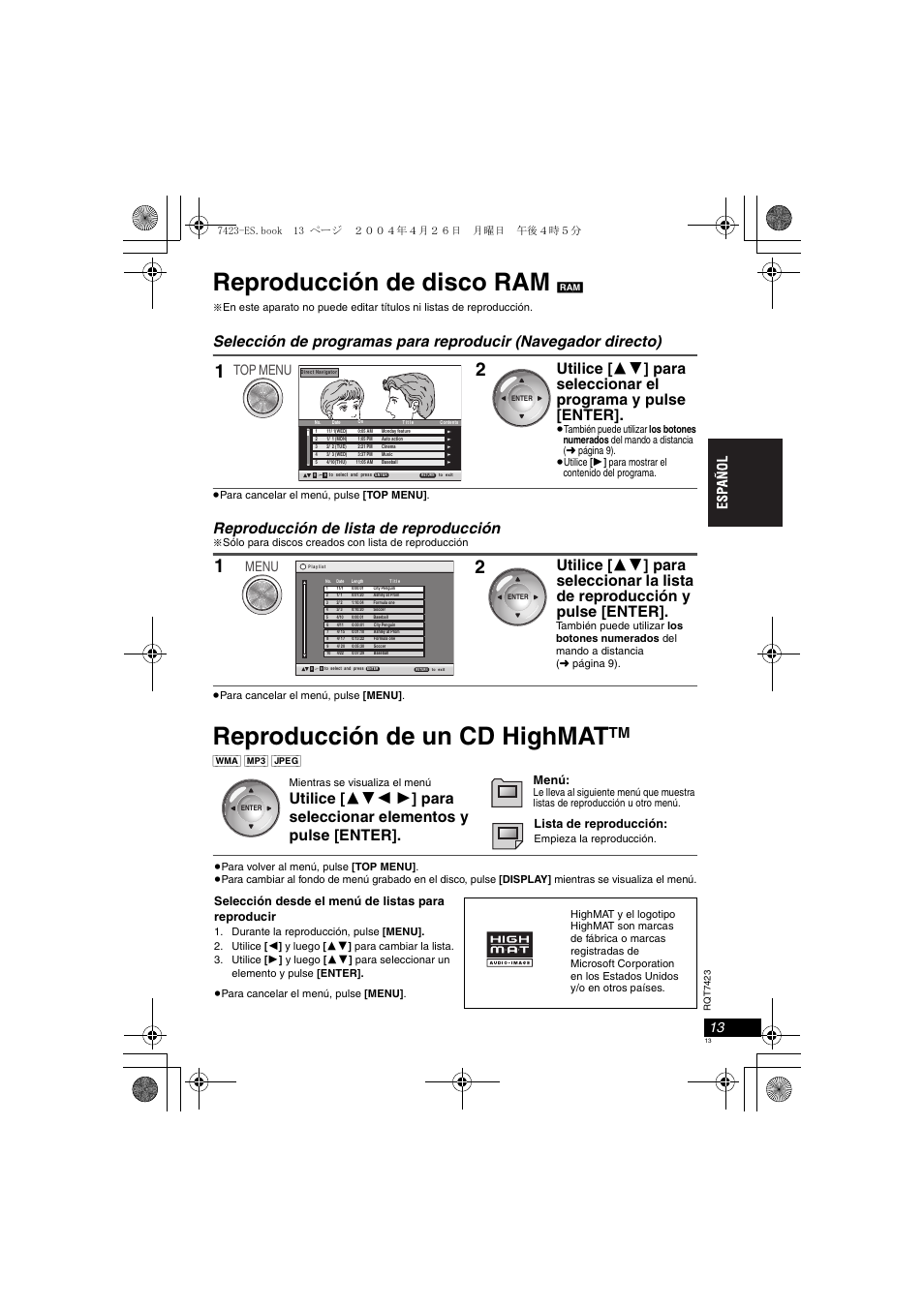 Reproducción de disco ram, Reproducción de un cd highmat, Reproducción de lista de reproducción | Top menu, Menu, Menú, Lista de reproducción, Selección desde el menú de listas para reproducir | Panasonic DVDLS50 User Manual | Page 13 / 80