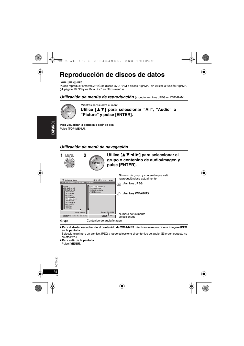 Reproducción de discos de datos, Utilización de menús de reproducción, Utilización de menú de navegación | Panasonic DVDLS50 User Manual | Page 14 / 80