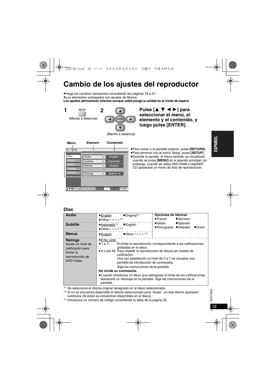 Cambio de los ajustes del reproductor, Disc | Panasonic DVDLS50 User Manual | Page 19 / 80