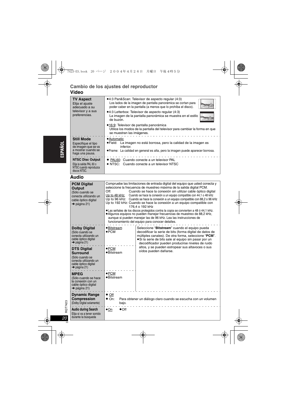 Cambio de los ajustes del reproductor video audio | Panasonic DVDLS50 User Manual | Page 20 / 80