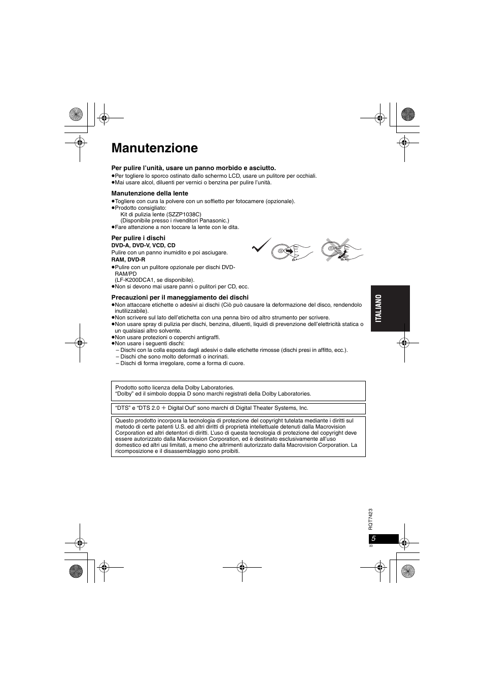 Manutenzione | Panasonic DVDLS50 User Manual | Page 33 / 80