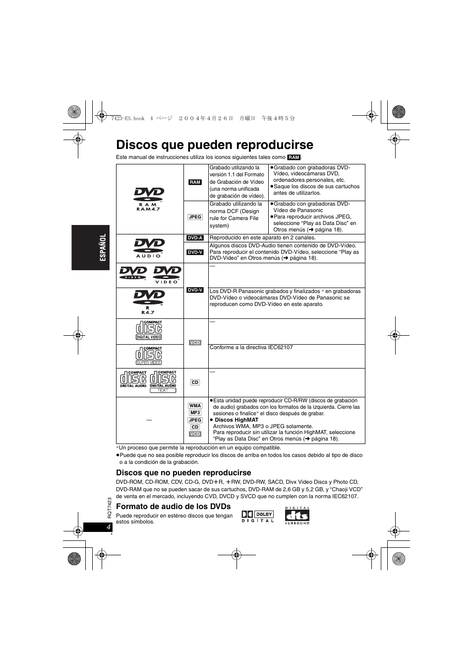 Discos que pueden reproducirse, Discos que no pueden reproducirse, Formato de audio de los dvds | Panasonic DVDLS50 User Manual | Page 4 / 80