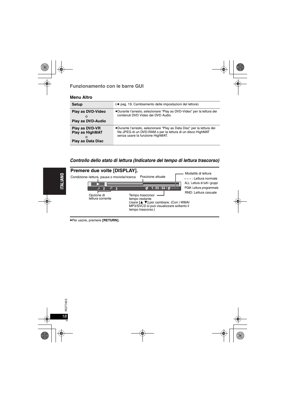 Funzionamento con le barre gui, Premere due volte [display | Panasonic DVDLS50 User Manual | Page 46 / 80