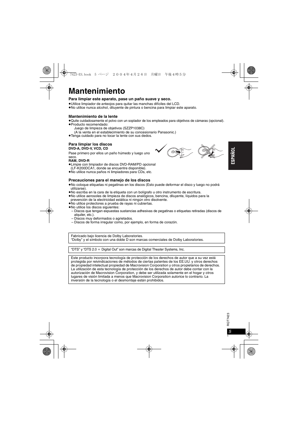 Mantenimiento | Panasonic DVDLS50 User Manual | Page 5 / 80