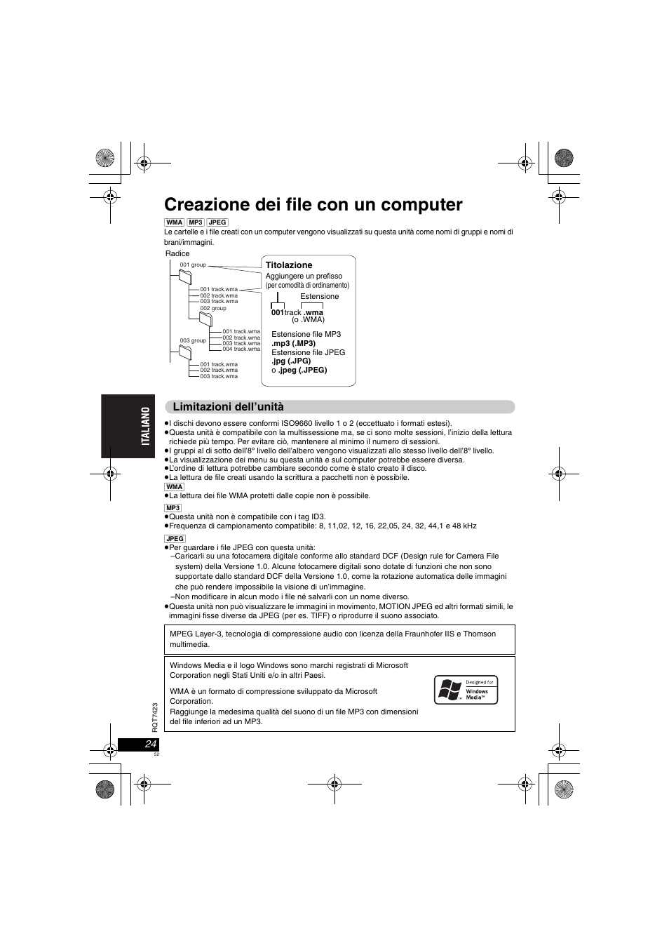 Creazione dei file con un computer, Limitazioni dell’unità | Panasonic DVDLS50 User Manual | Page 52 / 80