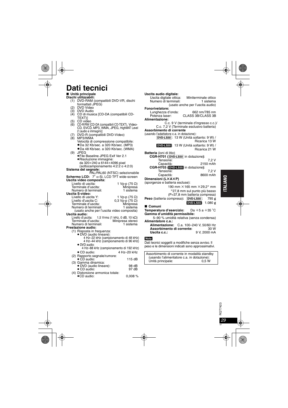 Dati tecnici | Panasonic DVDLS50 User Manual | Page 57 / 80