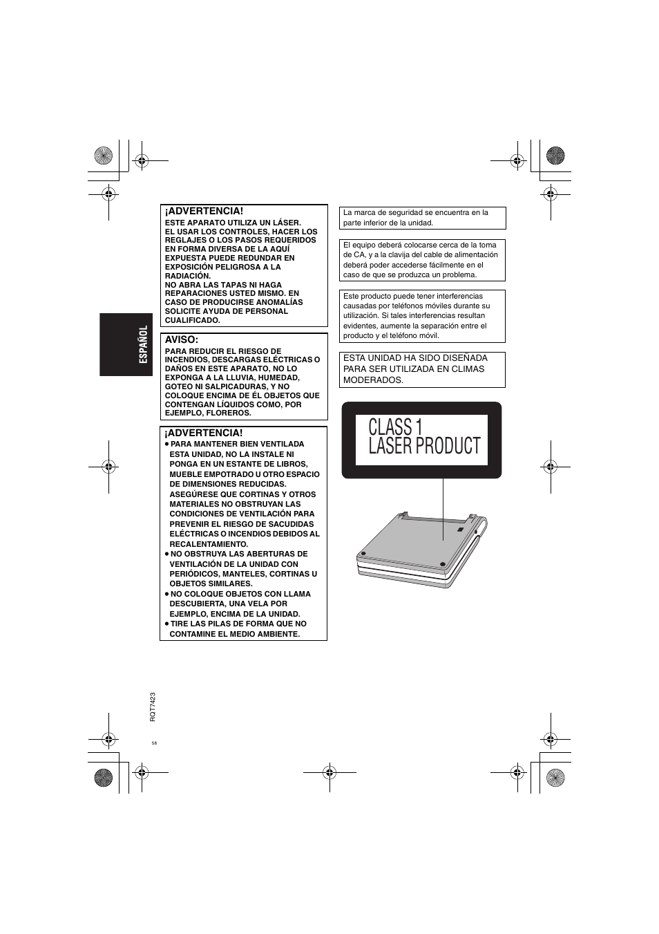 Class 1 laser product | Panasonic DVDLS50 User Manual | Page 58 / 80