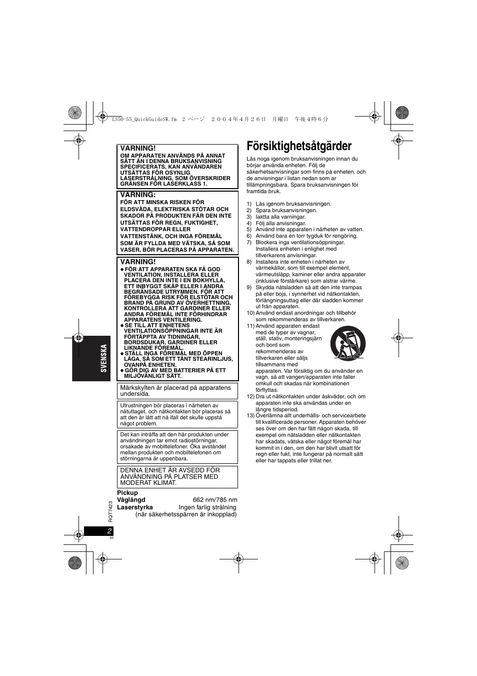 Försiktighetsåtgärder | Panasonic DVDLS50 User Manual | Page 60 / 80