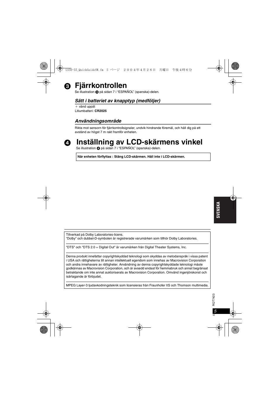 Fjärrkontrollen, Inställning av lcd-skärmens vinkel | Panasonic DVDLS50 User Manual | Page 63 / 80