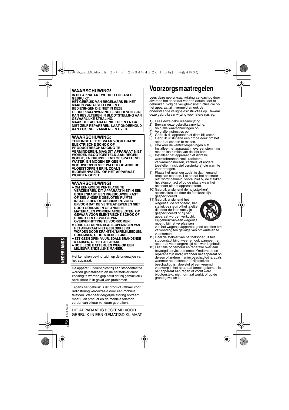 Voorzorgsmaatregelen | Panasonic DVDLS50 User Manual | Page 66 / 80