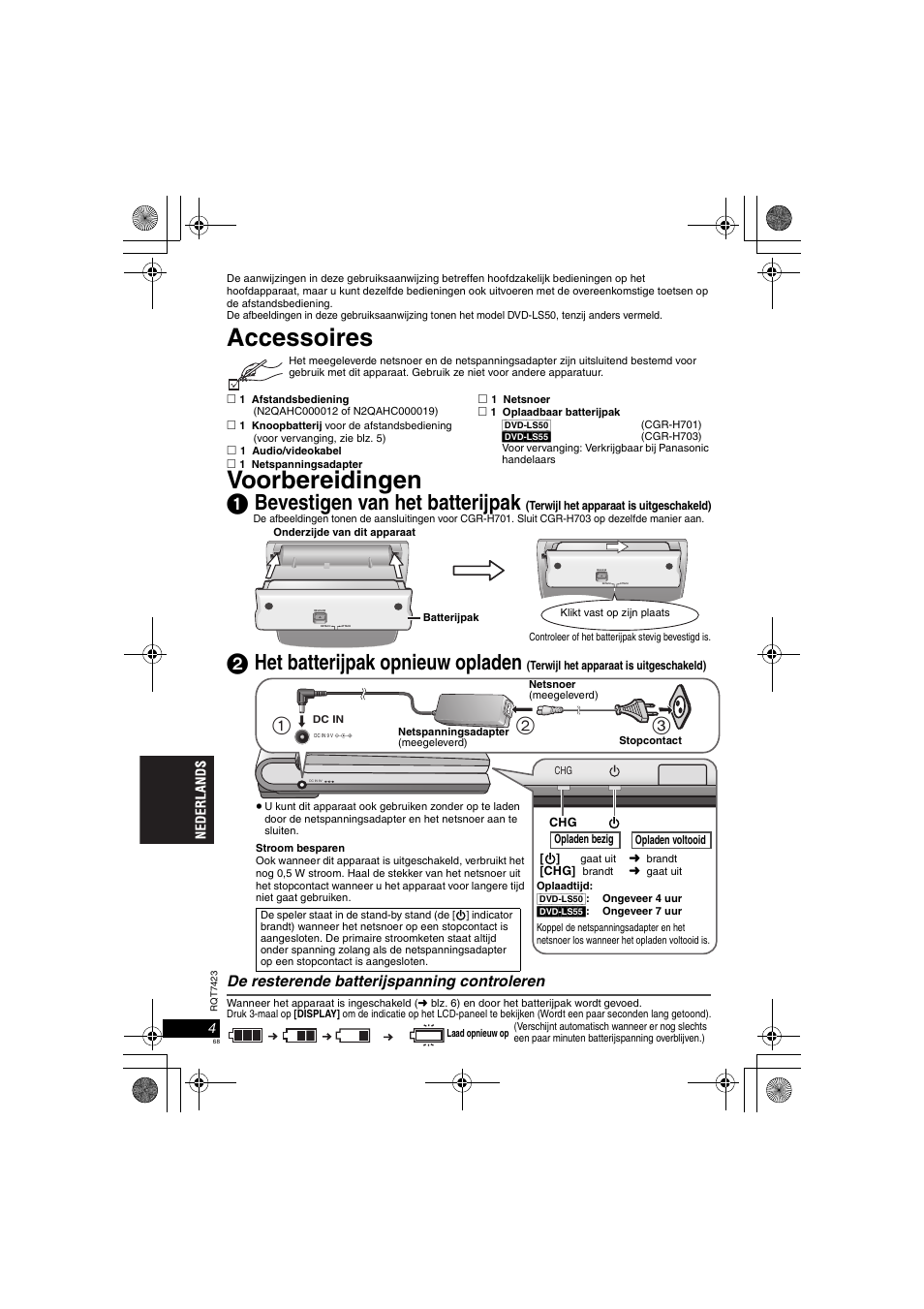 Accessoires, Voorbereidingen, 1 bevestigen van het batterijpak | 2 het batterijpak opnieuw opladen, De resterende batterijspanning controleren | Panasonic DVDLS50 User Manual | Page 68 / 80