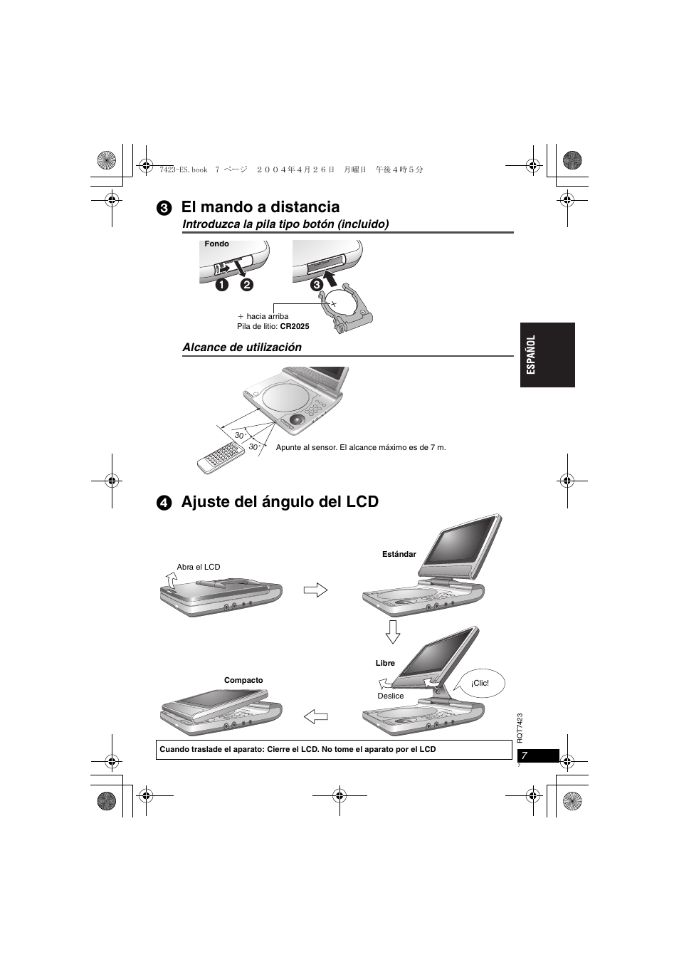 3 el mando a distancia, 4 ajuste del ángulo del lcd, Introduzca la pila tipo botón (incluido) | Alcance de utilización | Panasonic DVDLS50 User Manual | Page 7 / 80