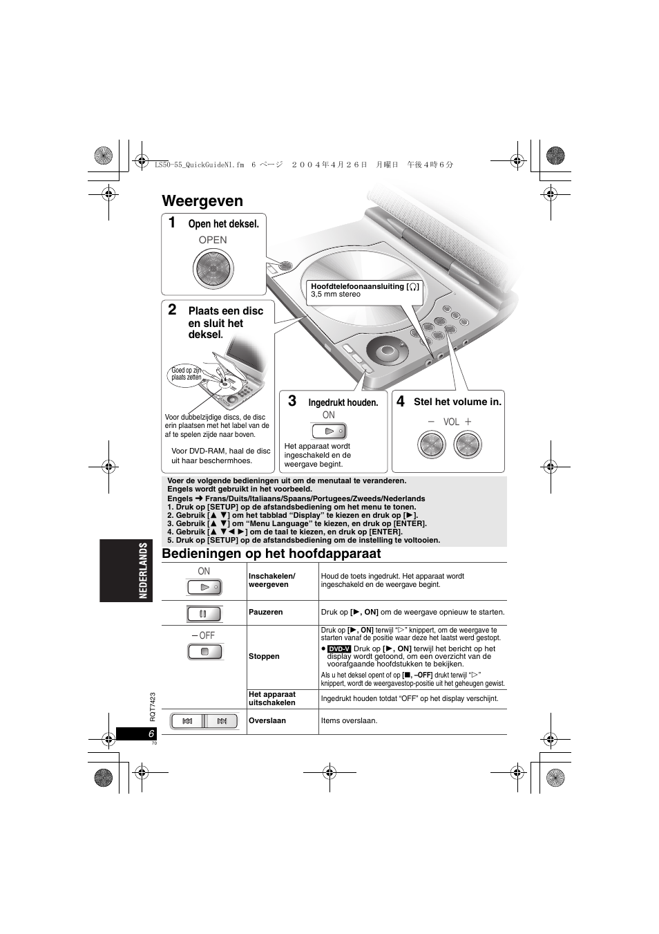 Weergeven, Bedieningen op het hoofdapparaat | Panasonic DVDLS50 User Manual | Page 70 / 80