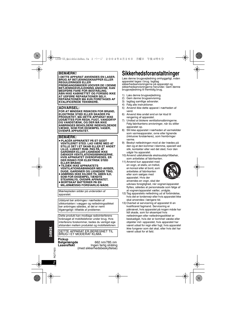 Sikkerhedsforanstaltninger | Panasonic DVDLS50 User Manual | Page 72 / 80