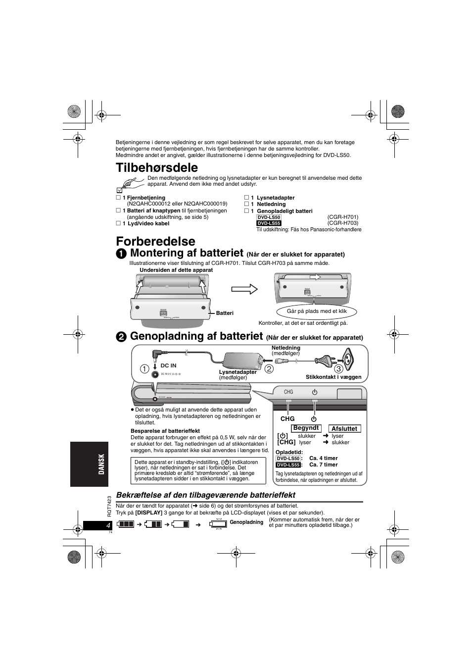 Tilbehørsdele, Forberedelse, 1 montering af batteriet | 2 genopladning af batteriet, Bekræftelse af den tilbageværende batterieffekt | Panasonic DVDLS50 User Manual | Page 74 / 80