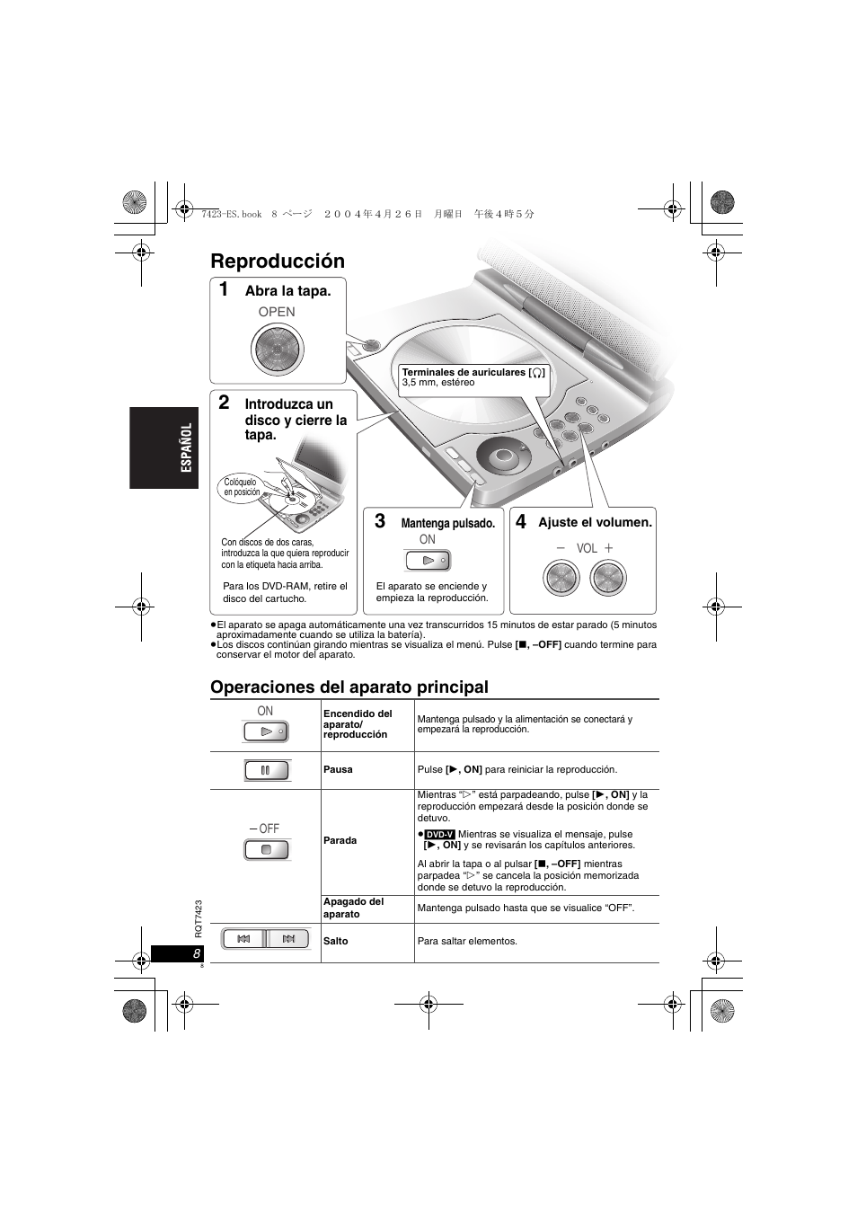 Reproducción, Operaciones del aparato principal | Panasonic DVDLS50 User Manual | Page 8 / 80