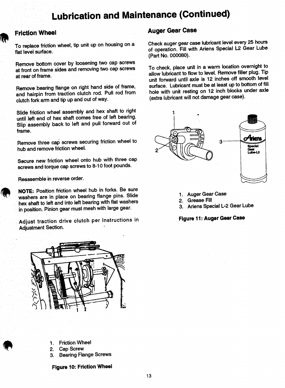Friction wheel, Auger gear case, Lubrication and maintenance (continued) | Ariens SNO-THRO 932 User Manual | Page 15 / 22