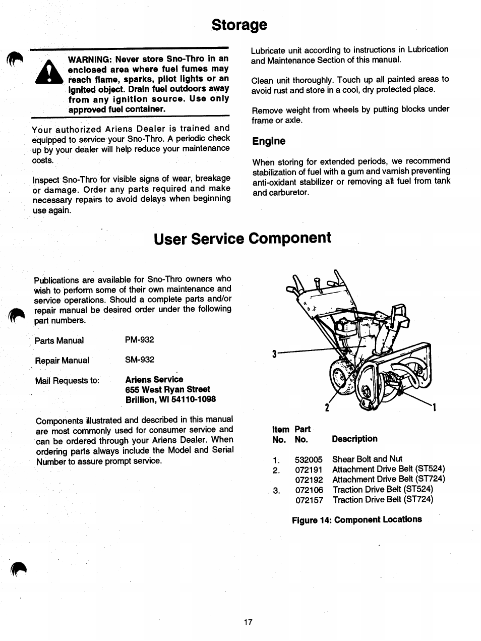 Storage, Engine, User service component | Storage user service components | Ariens SNO-THRO 932 User Manual | Page 19 / 22