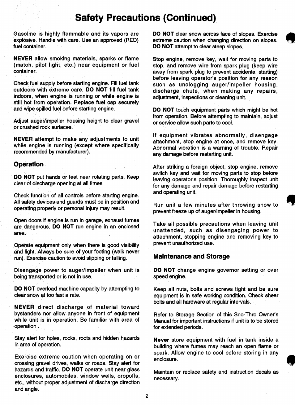 Safety precautions (continued), Operation, Maintenance and storage | Ariens SNO-THRO 932 User Manual | Page 4 / 22