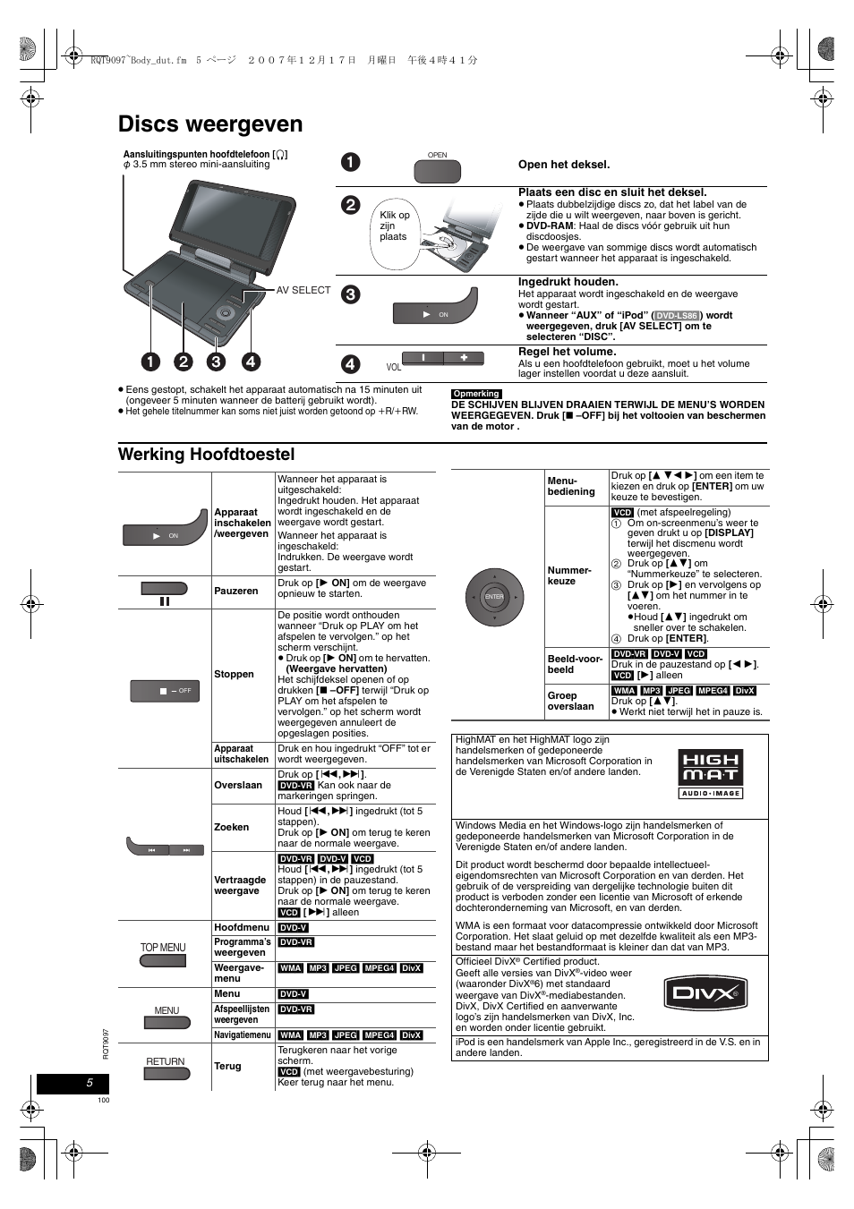 Discs weergeven, Werking hoofdtoestel | Panasonic DVDLS83 User Manual | Page 100 / 108