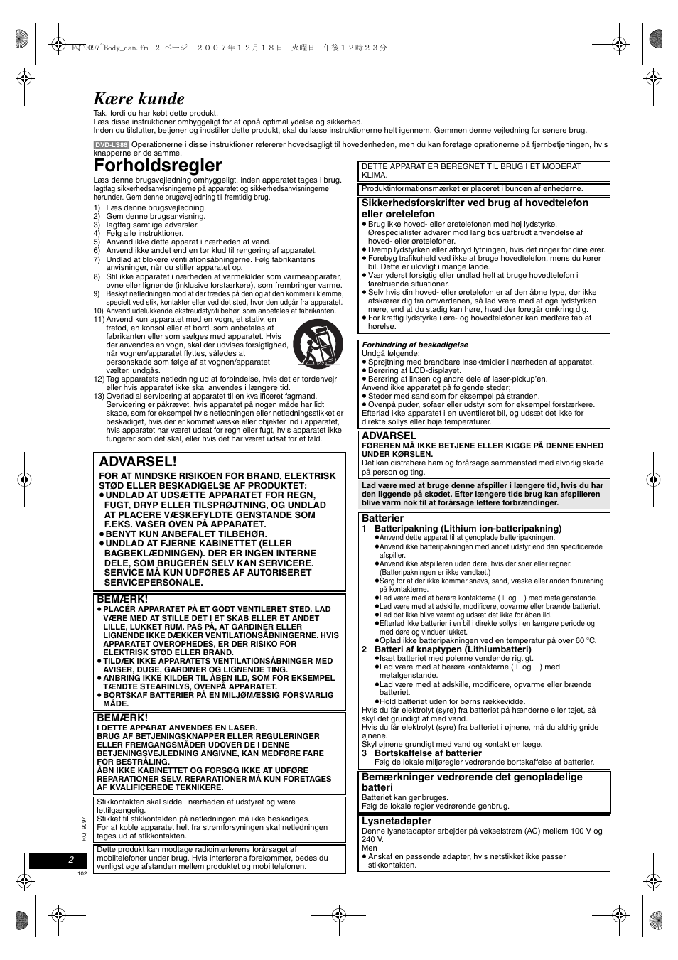 Kære kunde, Forholdsregler, Advarsel | Panasonic DVDLS83 User Manual | Page 102 / 108