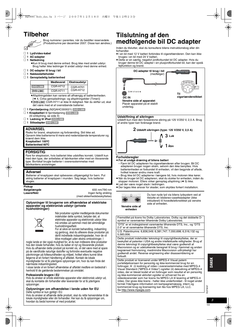 Tilbehør, Tilslutning af den medfølgende bil dc adapter | Panasonic DVDLS83 User Manual | Page 103 / 108