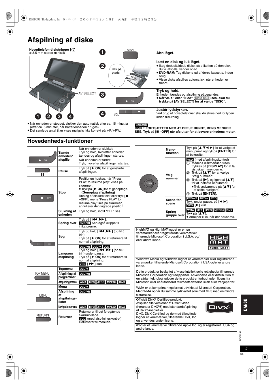 Afspilning af diske, Hovedenheds-funktioner | Panasonic DVDLS83 User Manual | Page 105 / 108