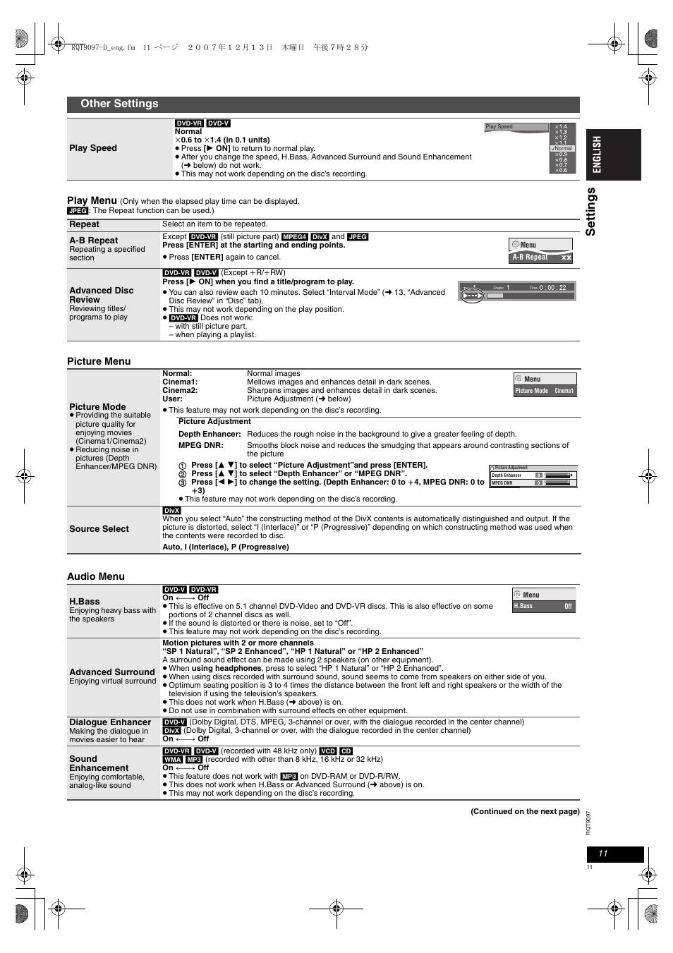 Se tt in g s, Other settings | Panasonic DVDLS83 User Manual | Page 11 / 108