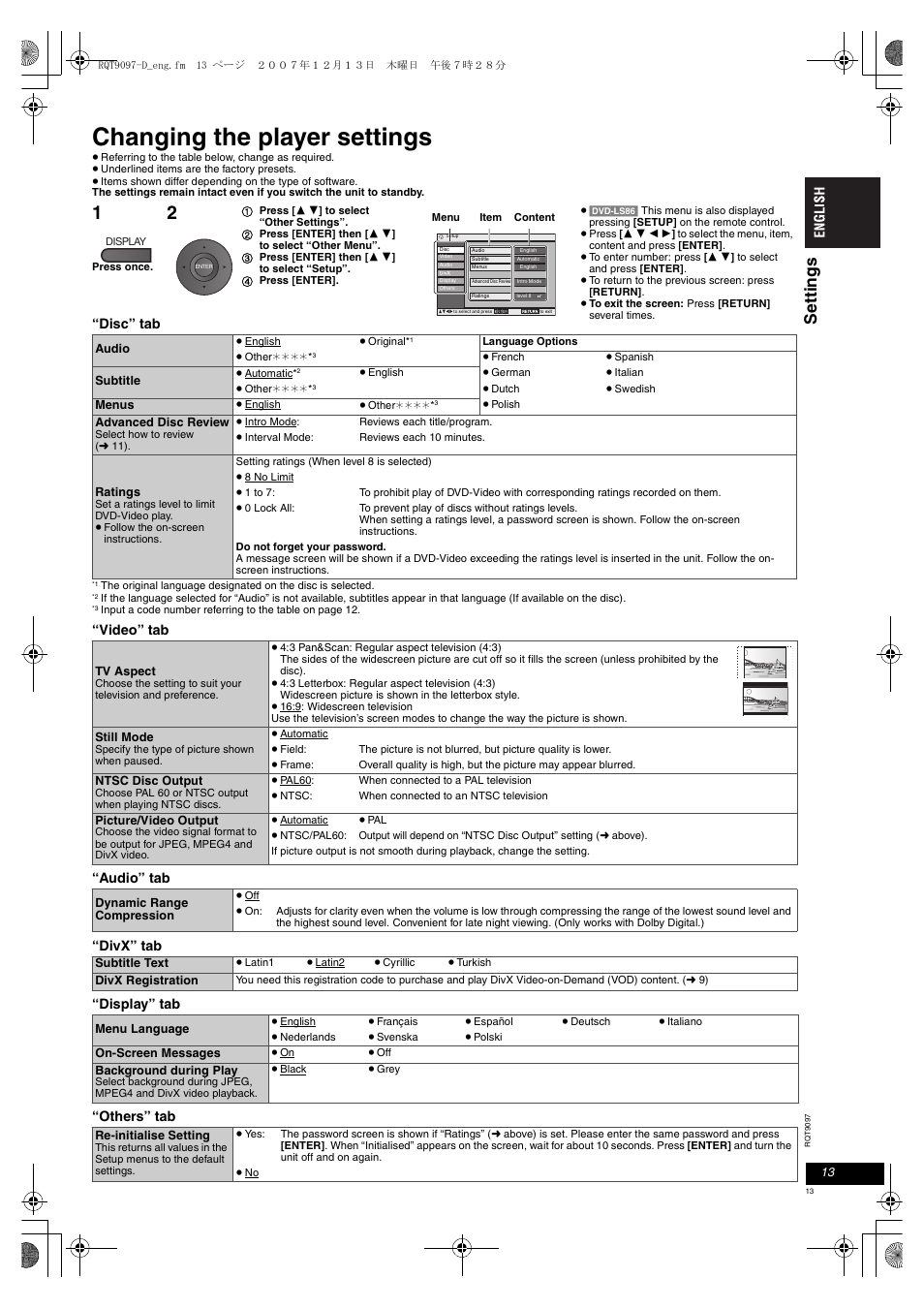 Changing the player settings, Se tt in g s | Panasonic DVDLS83 User Manual | Page 13 / 108