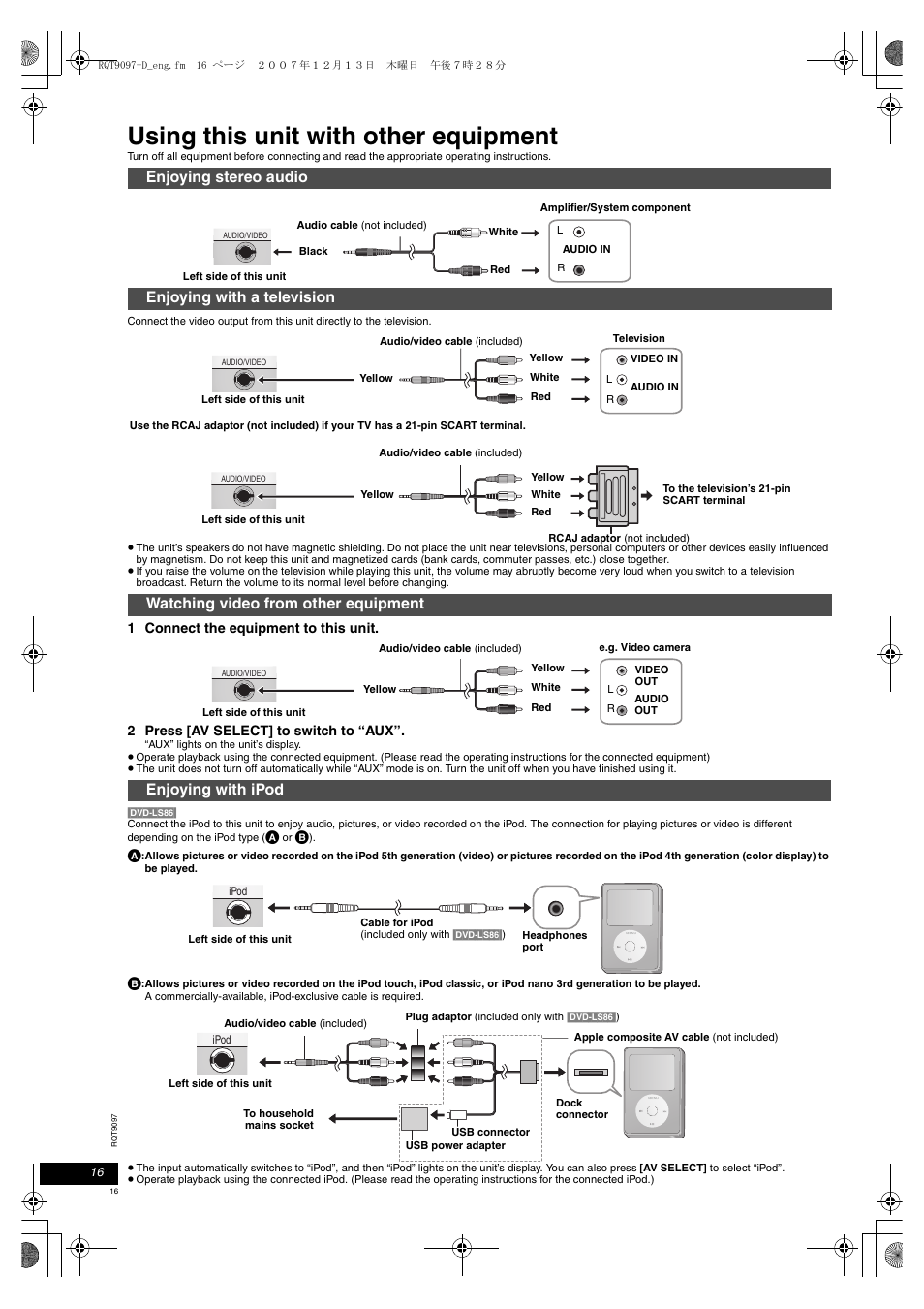 Using this unit with other equipment | Panasonic DVDLS83 User Manual | Page 16 / 108