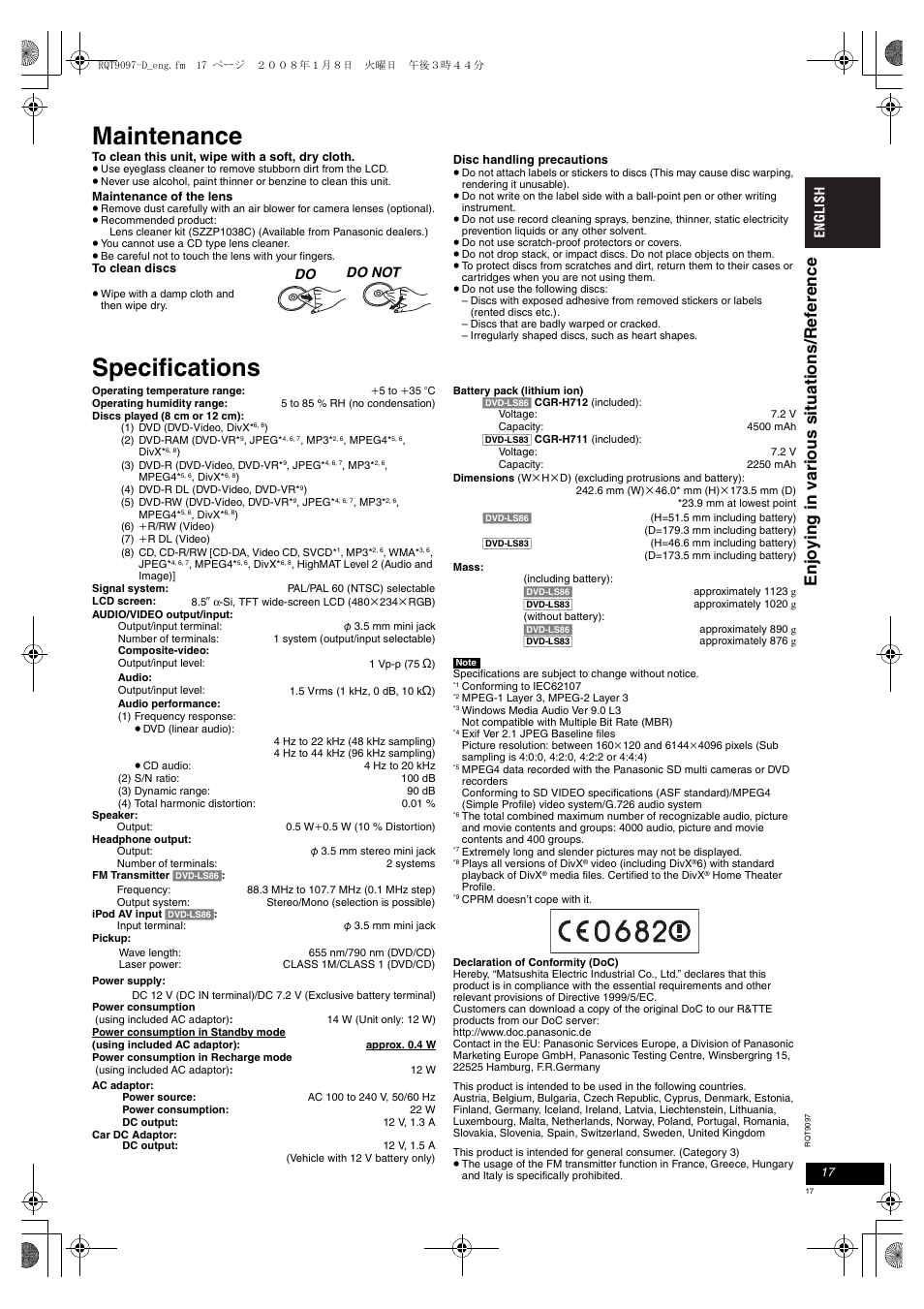 Maintenance, Specifications, Enj o ying in v a ri ous sit uat ions/ ref e rence | Panasonic DVDLS83 User Manual | Page 17 / 108