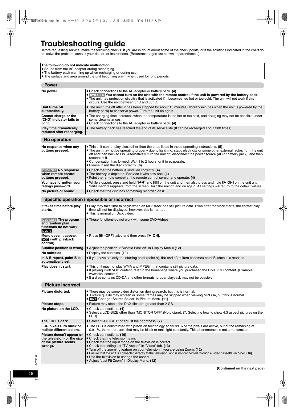 Troubleshooting guide | Panasonic DVDLS83 User Manual | Page 18 / 108