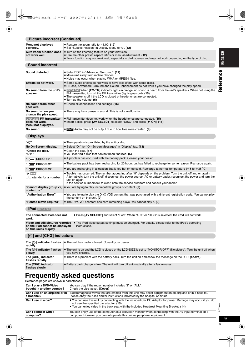 Frequently asked questions, Ref e rence | Panasonic DVDLS83 User Manual | Page 19 / 108