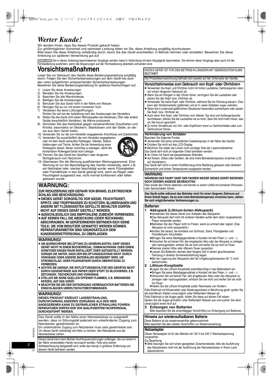 Werter kunde, Vorsichtsmaßnahmen, Warnung | Panasonic DVDLS83 User Manual | Page 20 / 108