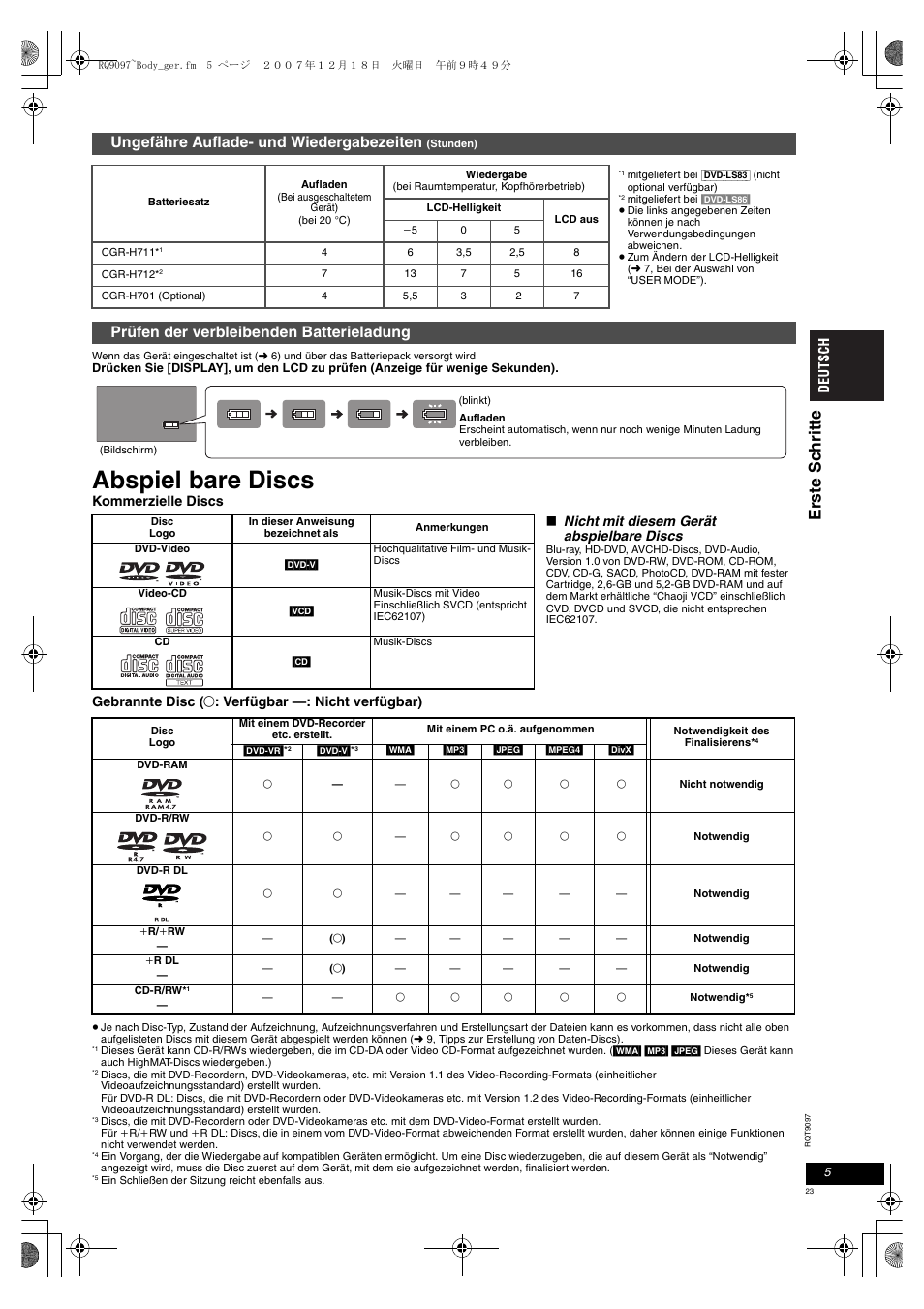 Abspiel bare discs, Er ste sc hr it te, Ungefähre auflade- und wiedergabezeiten | Prüfen der verbleibenden batterieladung | Panasonic DVDLS83 User Manual | Page 23 / 108