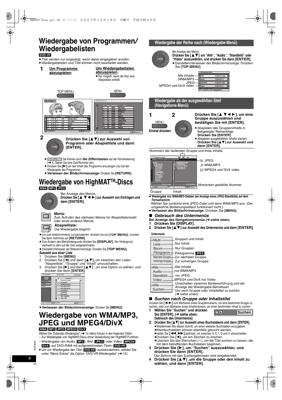 Wiedergabe von programmen, Wiedergabelisten, Wiedergabe von highmat | Discs, Wiedergabe von wma/mp3, jpeg und mpeg4/divx, Wiedergabe der reihe nach (wiedergabe-menü), Gebrauch des untermenüs, Suchen nach gruppe oder inhaltstitel | Panasonic DVDLS83 User Manual | Page 26 / 108