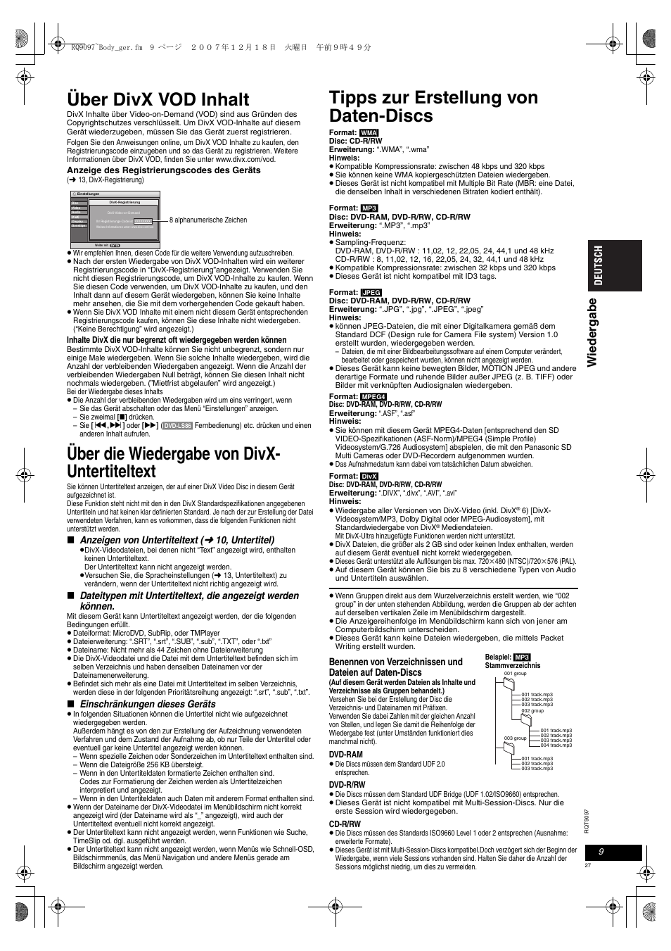 Über divx vod inhalt, Über die wiedergabe von divx- untertiteltext, Tipps zur erstellung von daten-discs | Wieder gabe | Panasonic DVDLS83 User Manual | Page 27 / 108