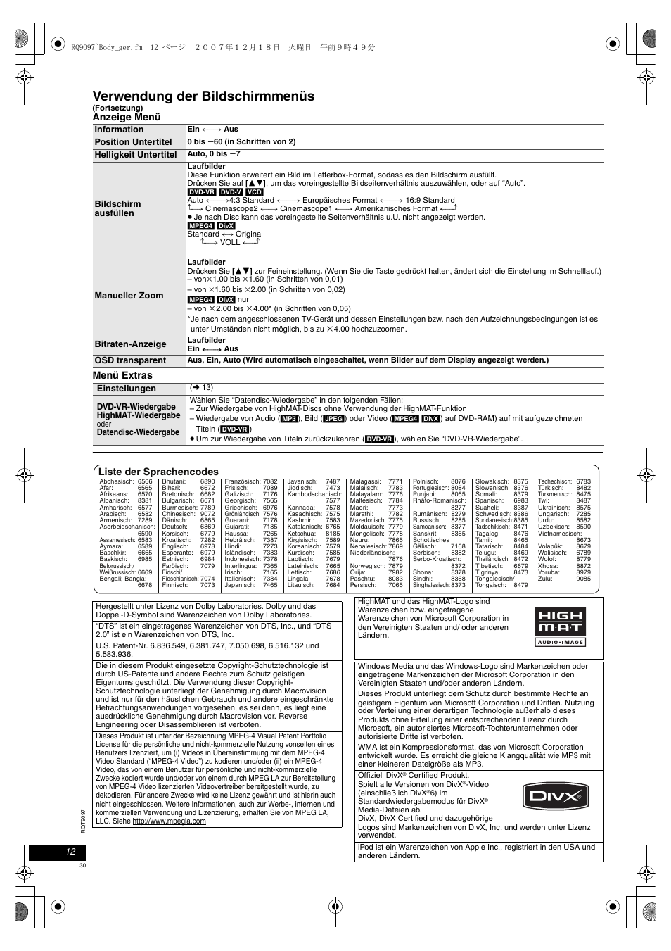 Verwendung der bildschirmmenüs, Anzeige menü menü extras, Liste der sprachencodes | Panasonic DVDLS83 User Manual | Page 30 / 108