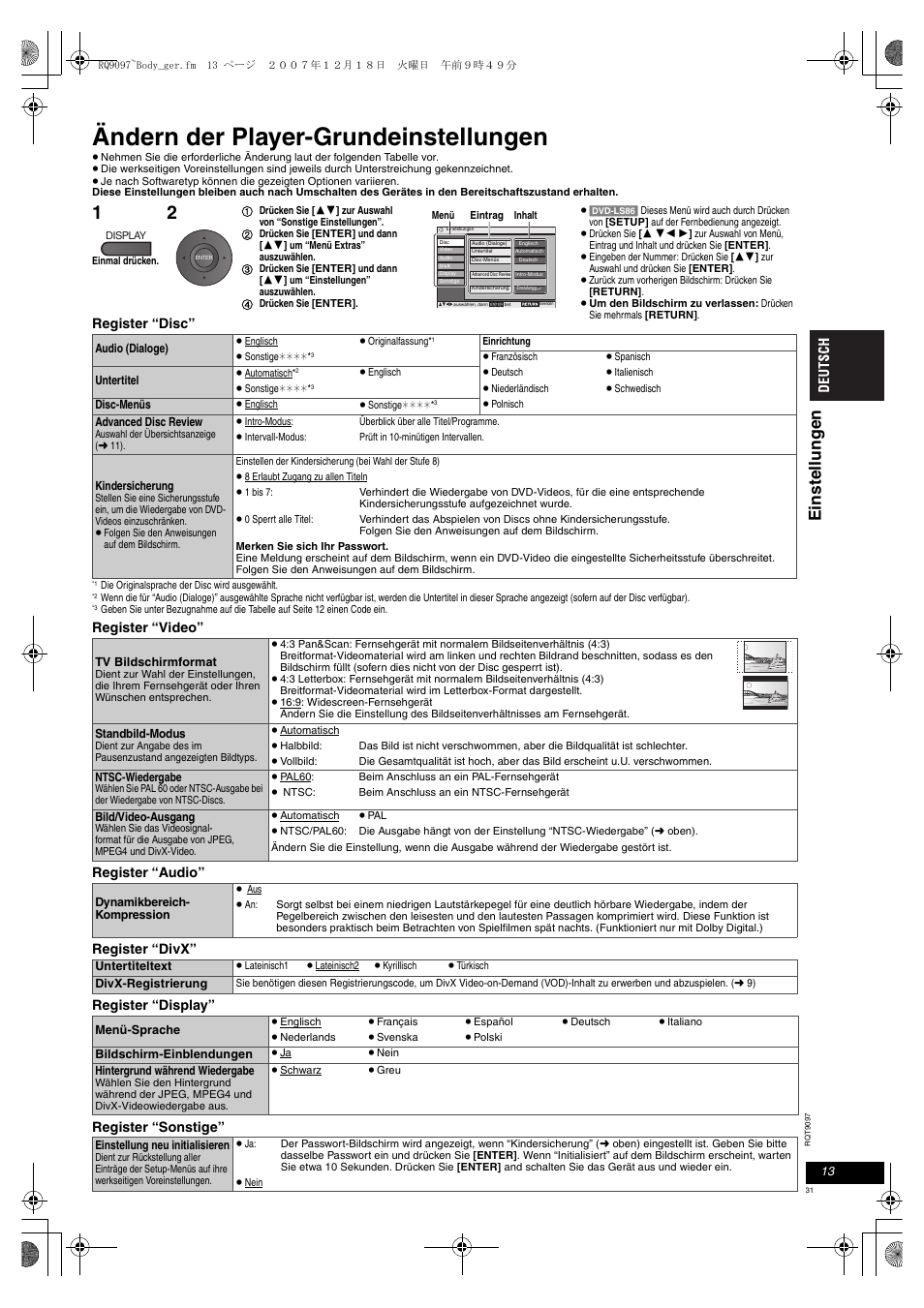 Ändern der player-grundeinstellungen, Ei nst ell ung en, Register “disc | Panasonic DVDLS83 User Manual | Page 31 / 108