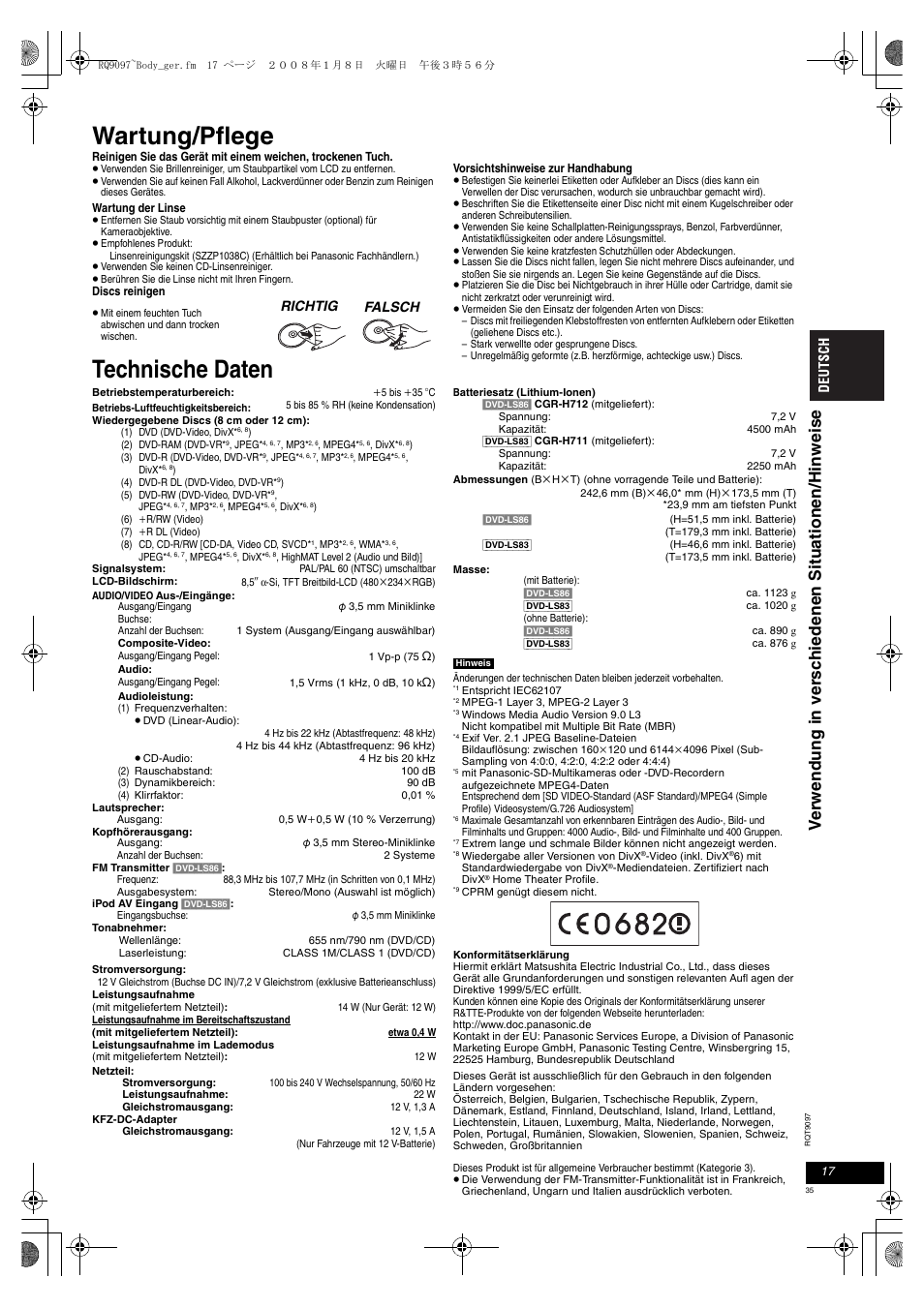 Wartung/pflege, Technische daten | Panasonic DVDLS83 User Manual | Page 35 / 108