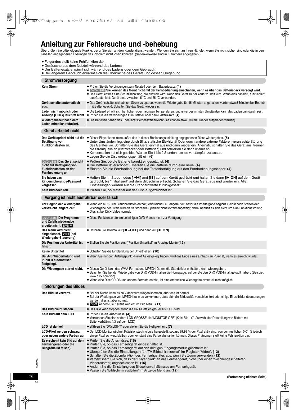 Anleitung zur fehlersuche und -behebung | Panasonic DVDLS83 User Manual | Page 36 / 108